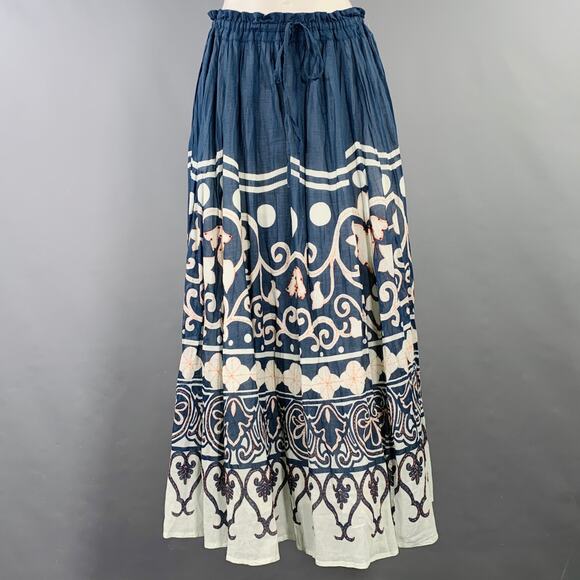 POLO by RALPH LAUREN Size 4 Blue White Cotton Abstract Floral Beaded Midi Skirt - Picture 1 of 7